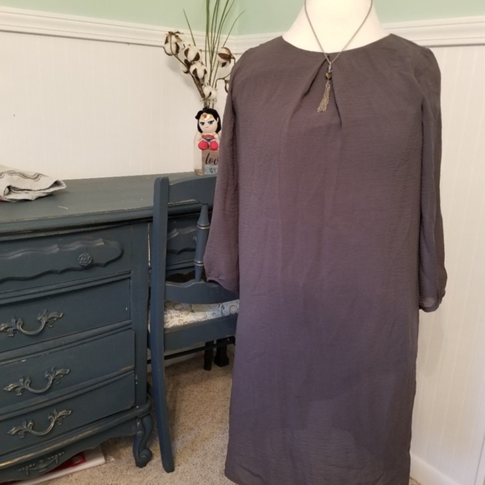 HM Women Charcoal Grey Shift‎ Dress 3/4 Sleeve Gold Back Zip Size 4